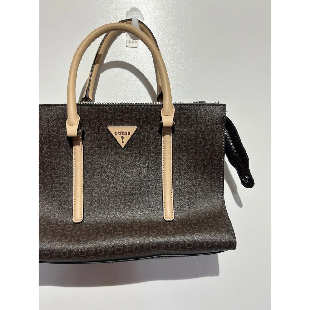 GUESS Brown Monogram Logo Satchel Handbag Tan Handles Structured‎ Zip Top Bag